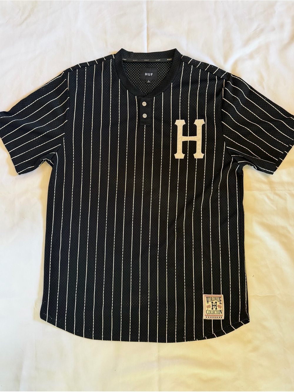 HUF Black Pinstripe Baseball Jersey with White H Patch